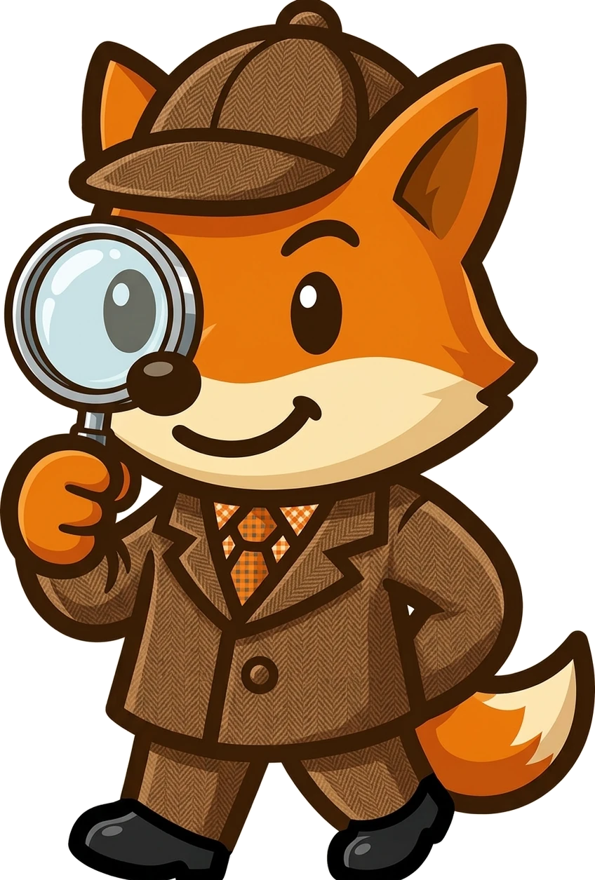 Pip, ein Cartoon-Fuchs im Detektivmantel, schaut durch eine Lupe