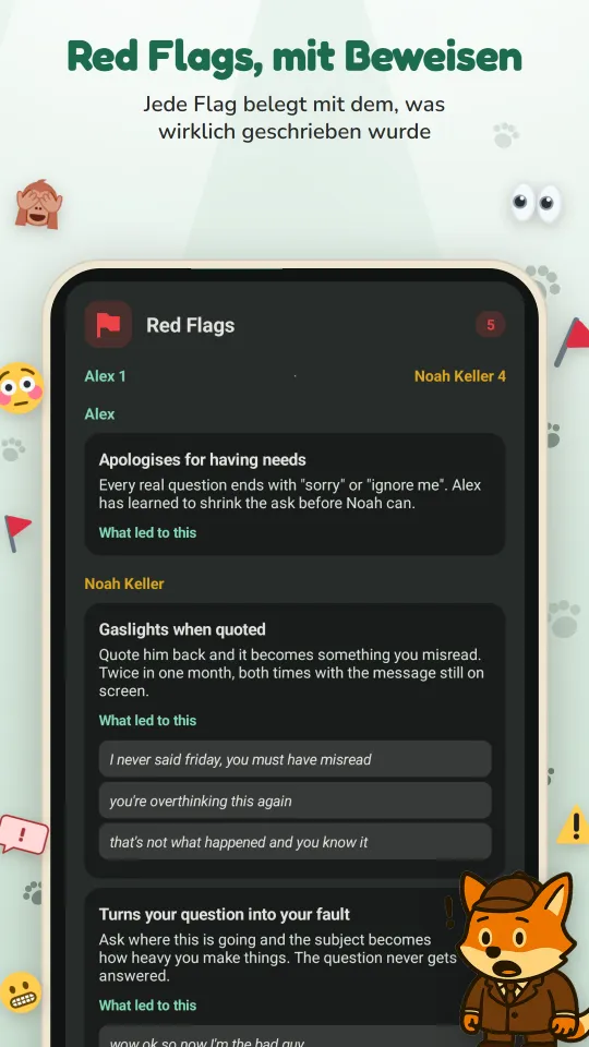 Red Flags, mit Beweisen: jede Flag belegt mit dem, was wirklich geschrieben wurde